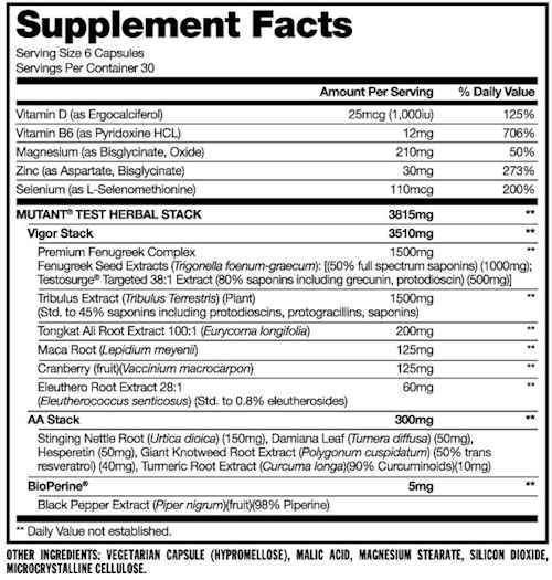 Mutant Nutrition Test Booster Mutant TEST 180 Caps fact
