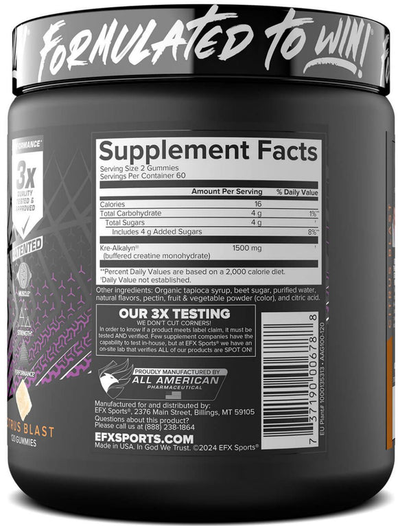 EFX Sports Kre-Alkalyn Gummies|Creatine|Mass For Life|