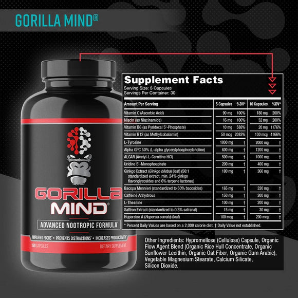 Gorilla Mind, Advanced Nootropic, Stim Based Formula 150 Capsules|Memory|Mass For Life|