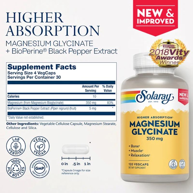 Solaray Magnesium Glycinate 120 Caps|Recovery|Mass For Life|