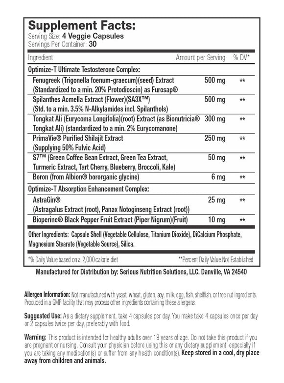 SNS Serious Nutrition Solutions Optimize-T Test Booster 120 V-Caps|Test Booster|Mass For Life|