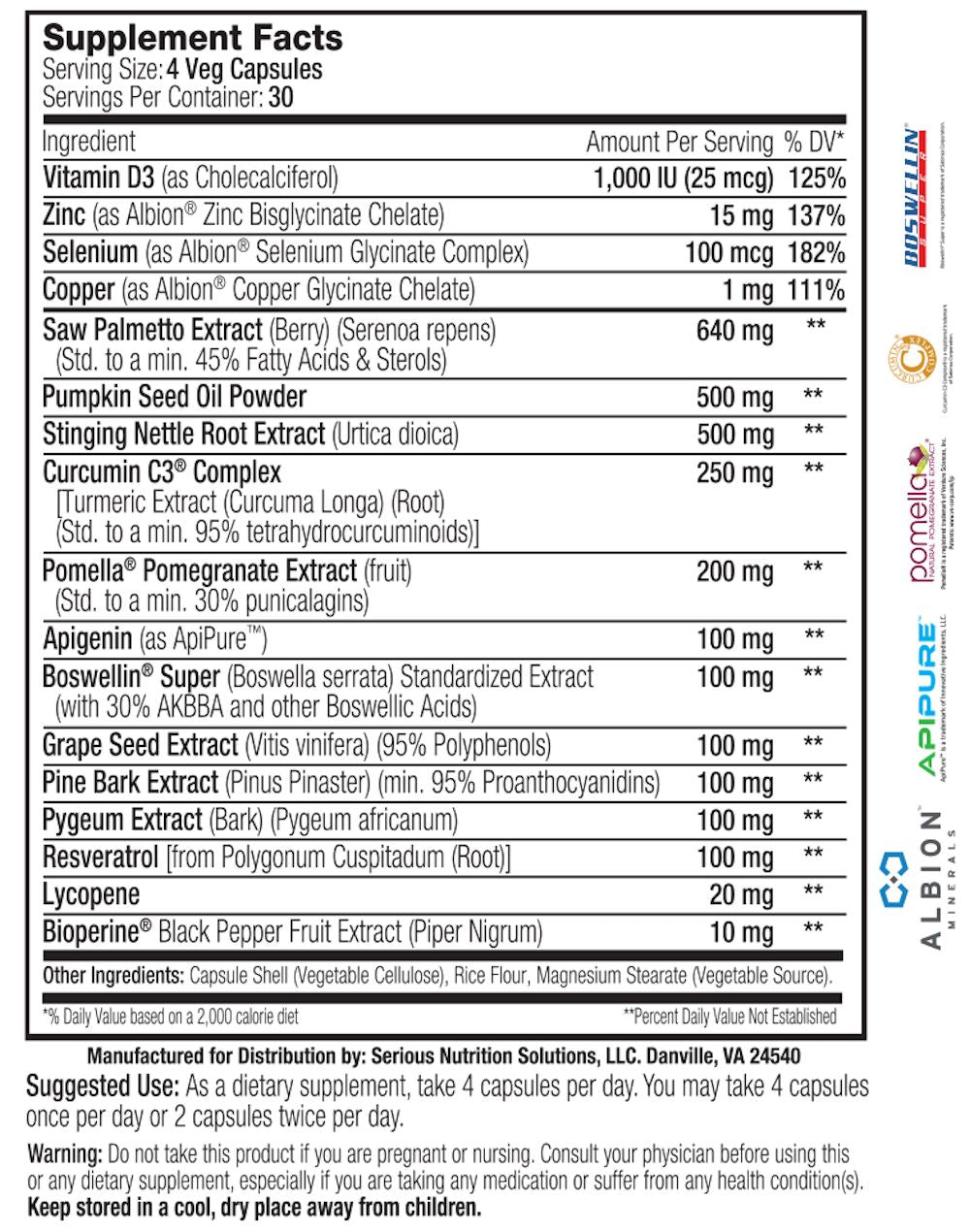 SNS Serious Nutrition Solutions Prostate Support XT facts