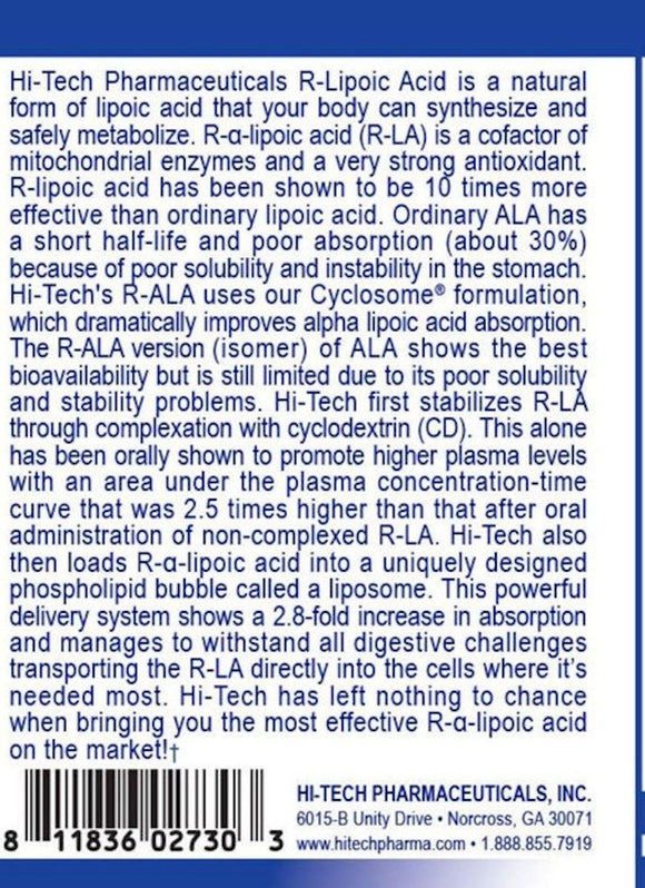Hi Tech Pharmaceuticals R-ALA R-Lipoic Acid|Sugar Control|Mass For Life|