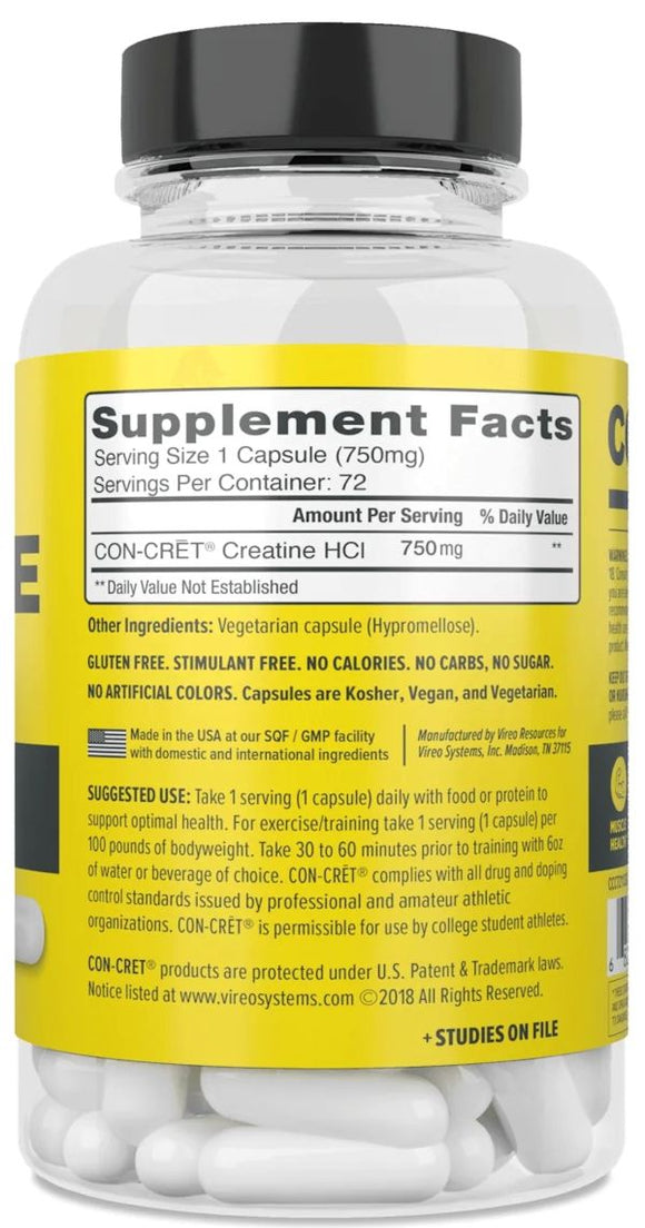 Con-Cret Creatine HCI 72 Capsules|Creatine|Mass For Life|