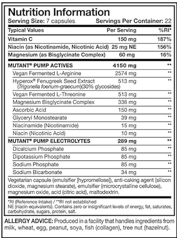 Mutant Pump 154 Capsules|Muscle Pumps|Mass For Life|
