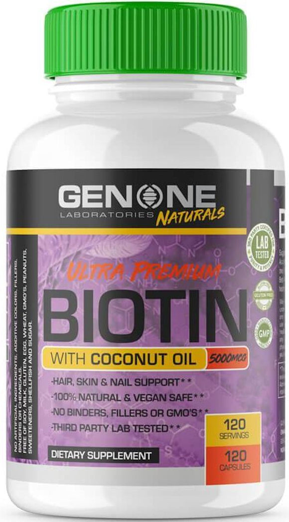 Genone Labs Ultra Premium Biotin with Coconut OIL 120 caps|Hair Vitamins|Mass For Life|