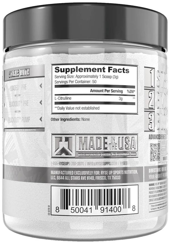 Ryse Supplements L-Citrulline 50 servings|Muscle Pumps|Mass For Life|